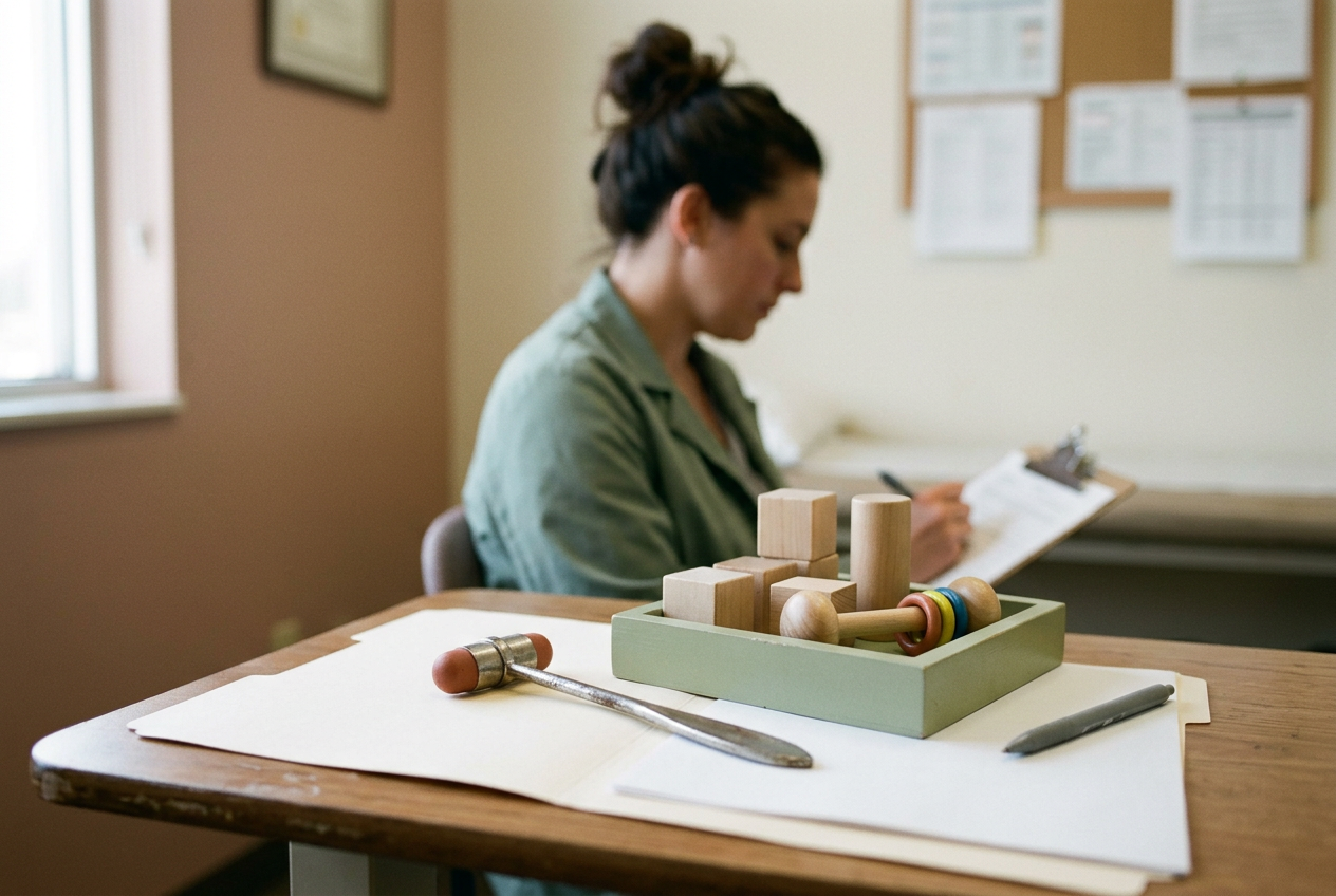 A pediatric developmental assessment kit beside genetic testing materials in a quiet neurology clinic.
